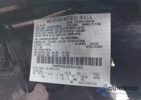 2003 Ford Mustang z USA, uszkodzony, nr VIN 1FAFP40433F443167